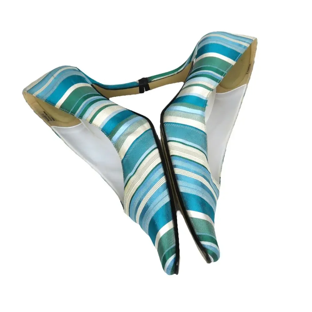 J. Renee 1980s Vintage Heels Satin Blue Striped Vintage Pumps Size 9 Retro - Picture 2 of 6